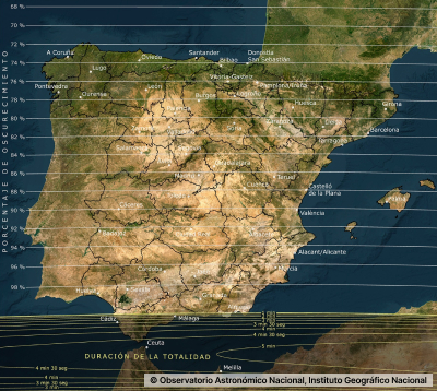 Mapa de España con la franja de totalidad del eclipse de 2027