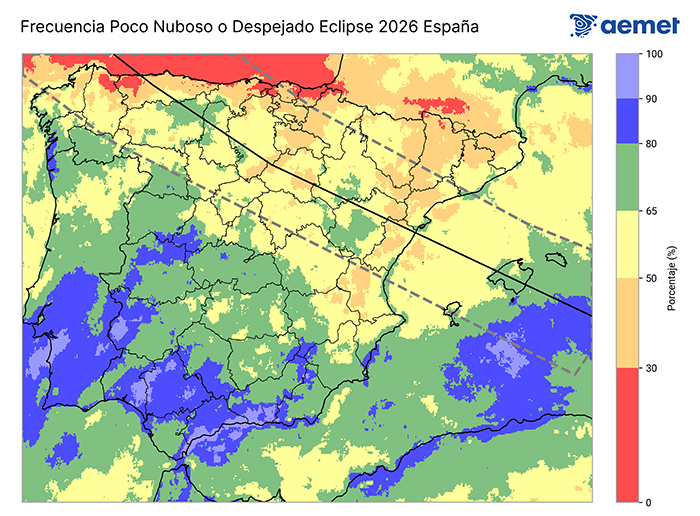 Mapa honek abuztuaren 11tik 13ra bitartean zerua hodei gutxirekin edo oskarbi egoteko maiztasuna erakusten du, 17:00etatik 20:00etara UTC