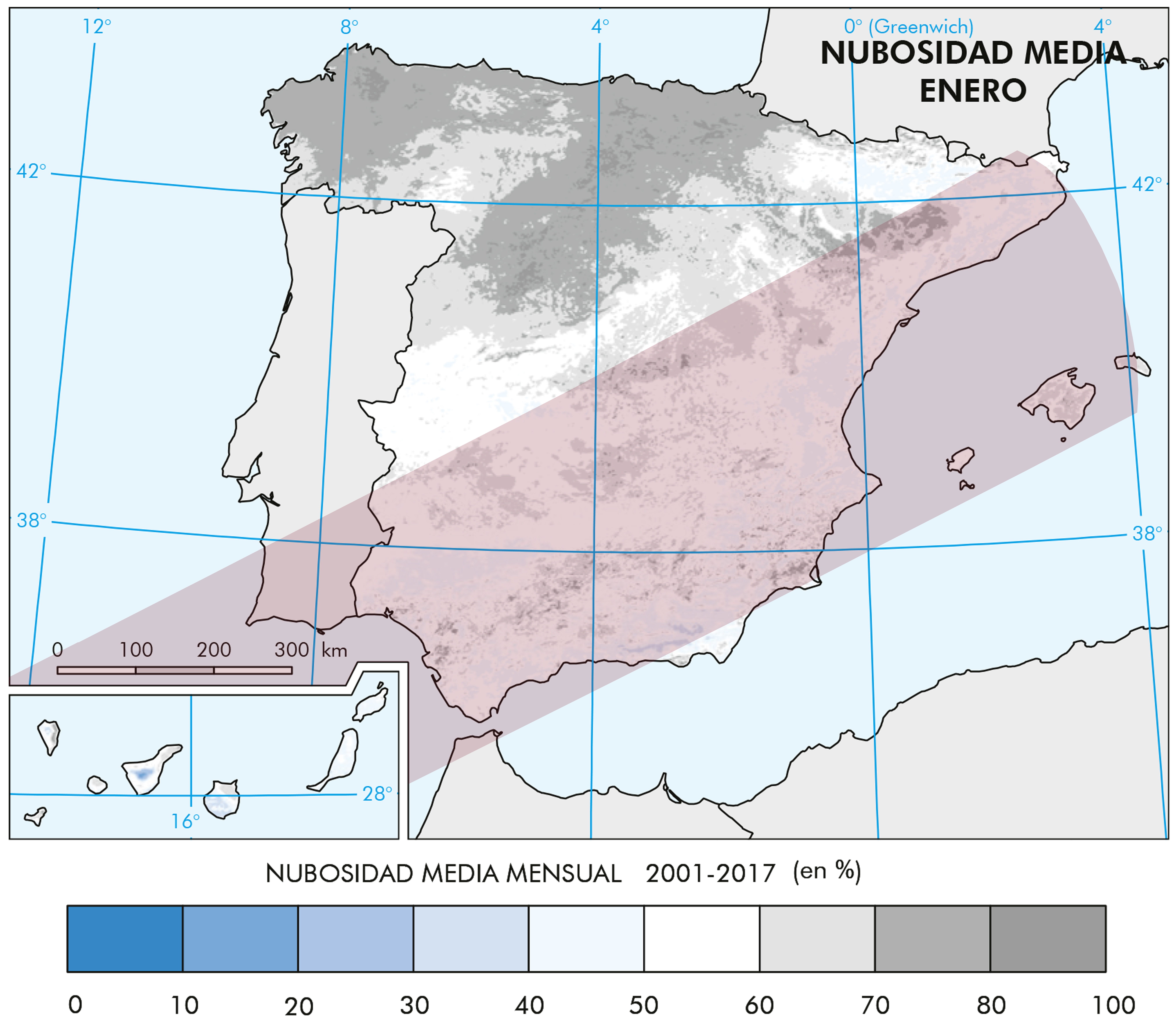 Nubosidad media para el mes de enero en el periodo 2001-2017 y franja de totalidad | Atlas Nacional de España (ANE) CC BY 4.0 ign.es